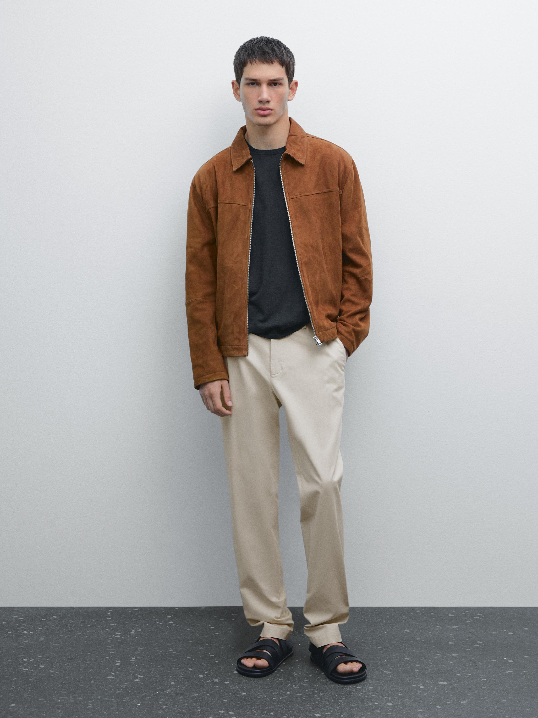 Cotton blend slim fit canvas trousers