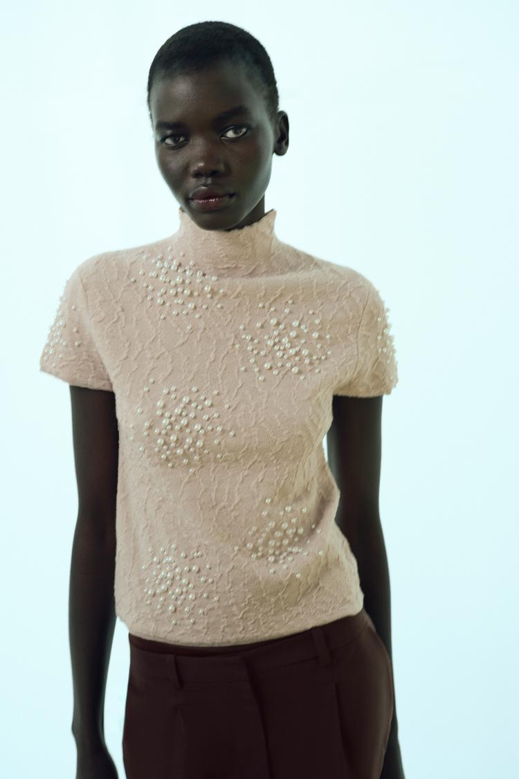 WRINKLED EFFECT KNIT TOP WITH FAUX PEARLS - Zara product image