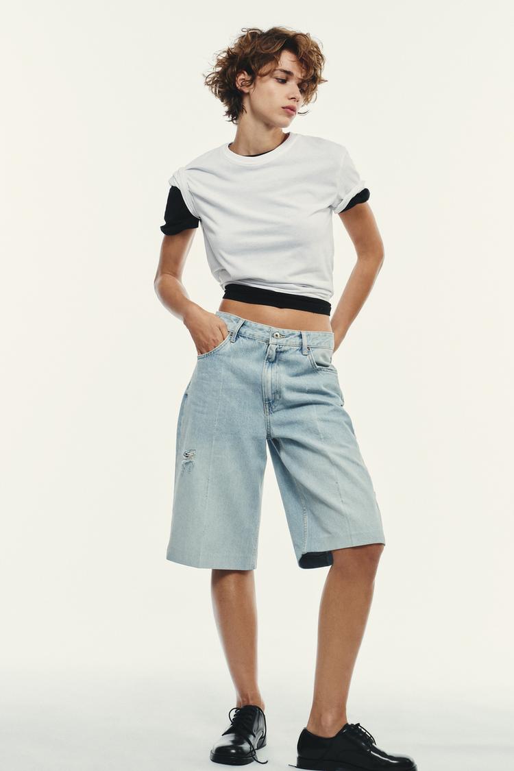 RIPPED MID-RISE TRF DENIM JORTS - Zara product image