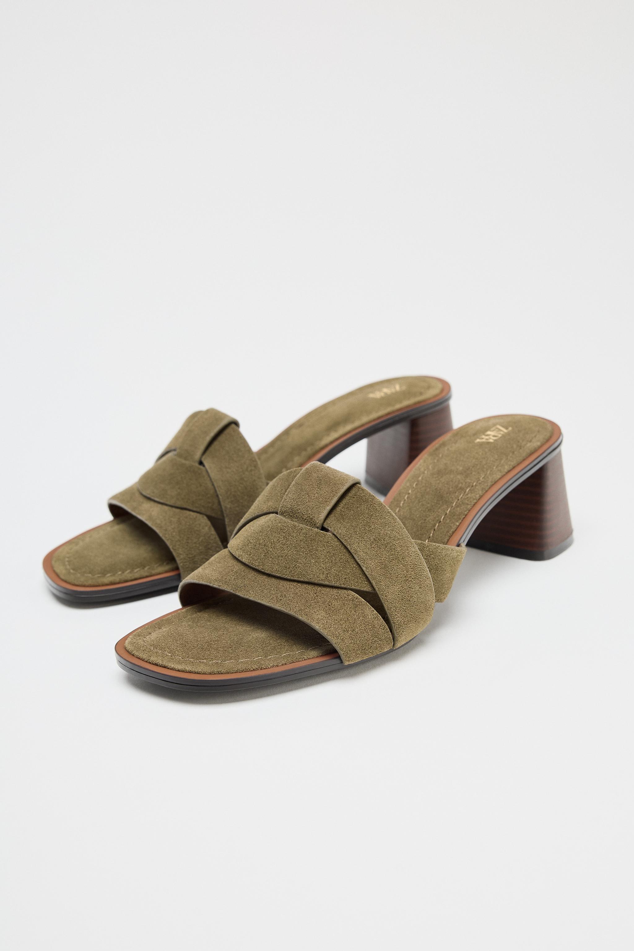 STRAPPY SPLIT LEATHER HEELED SANDALS