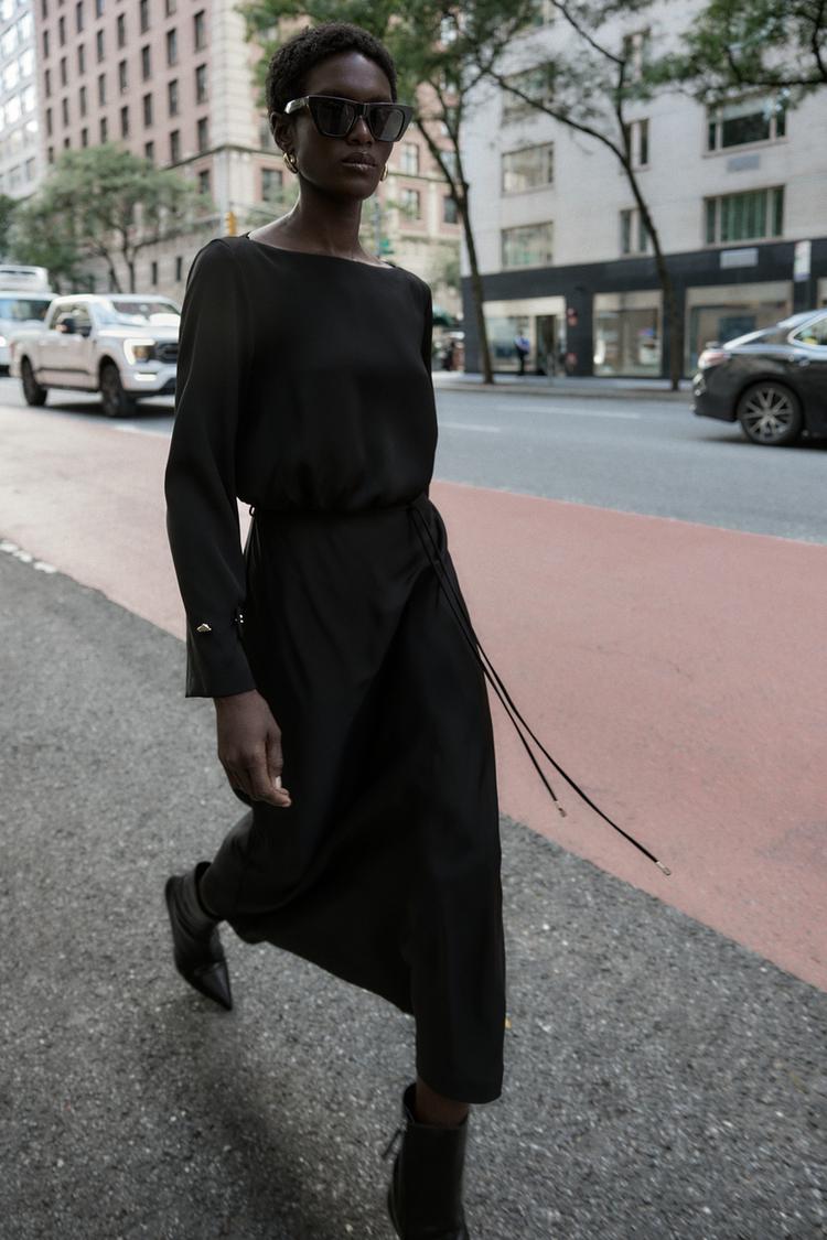 BELTED CREPE MIDI DRESS