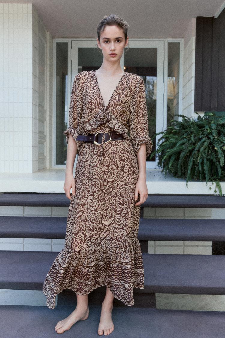 PRINTED MIDI DRESS WITH RUFFLES