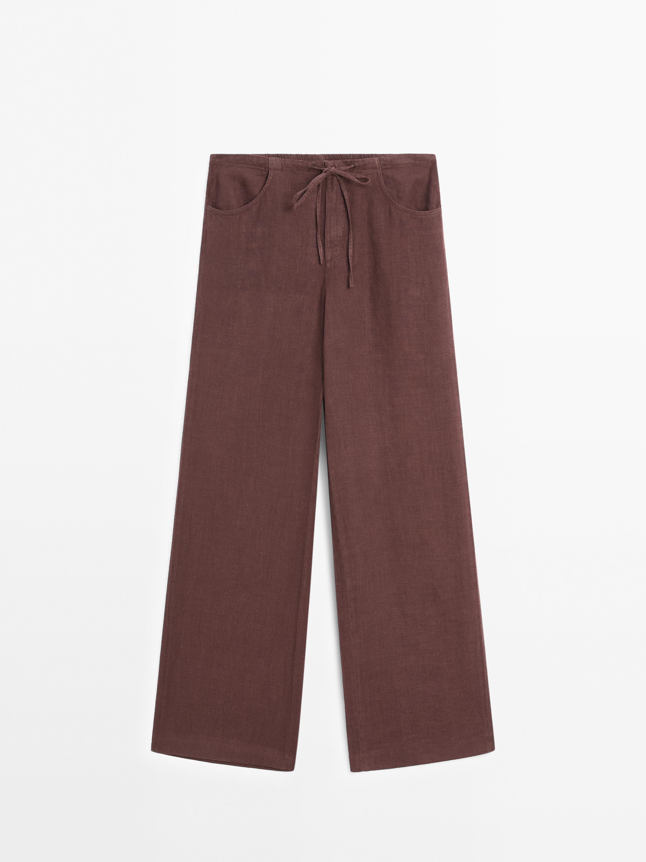 100% linen straight-leg trousers with pockets