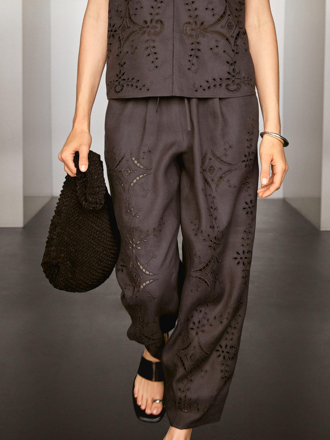 Linen blend embroidered balloon fit trousers