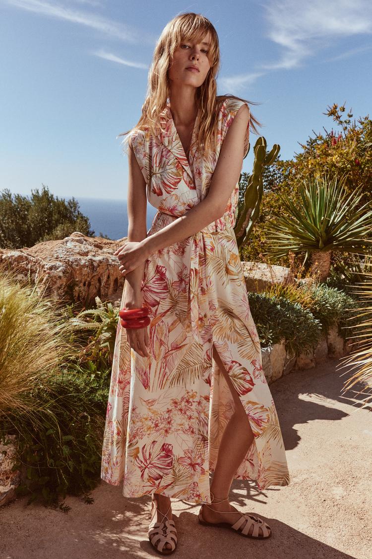 PRINTED LINEN BLEND MIDI DRESS
