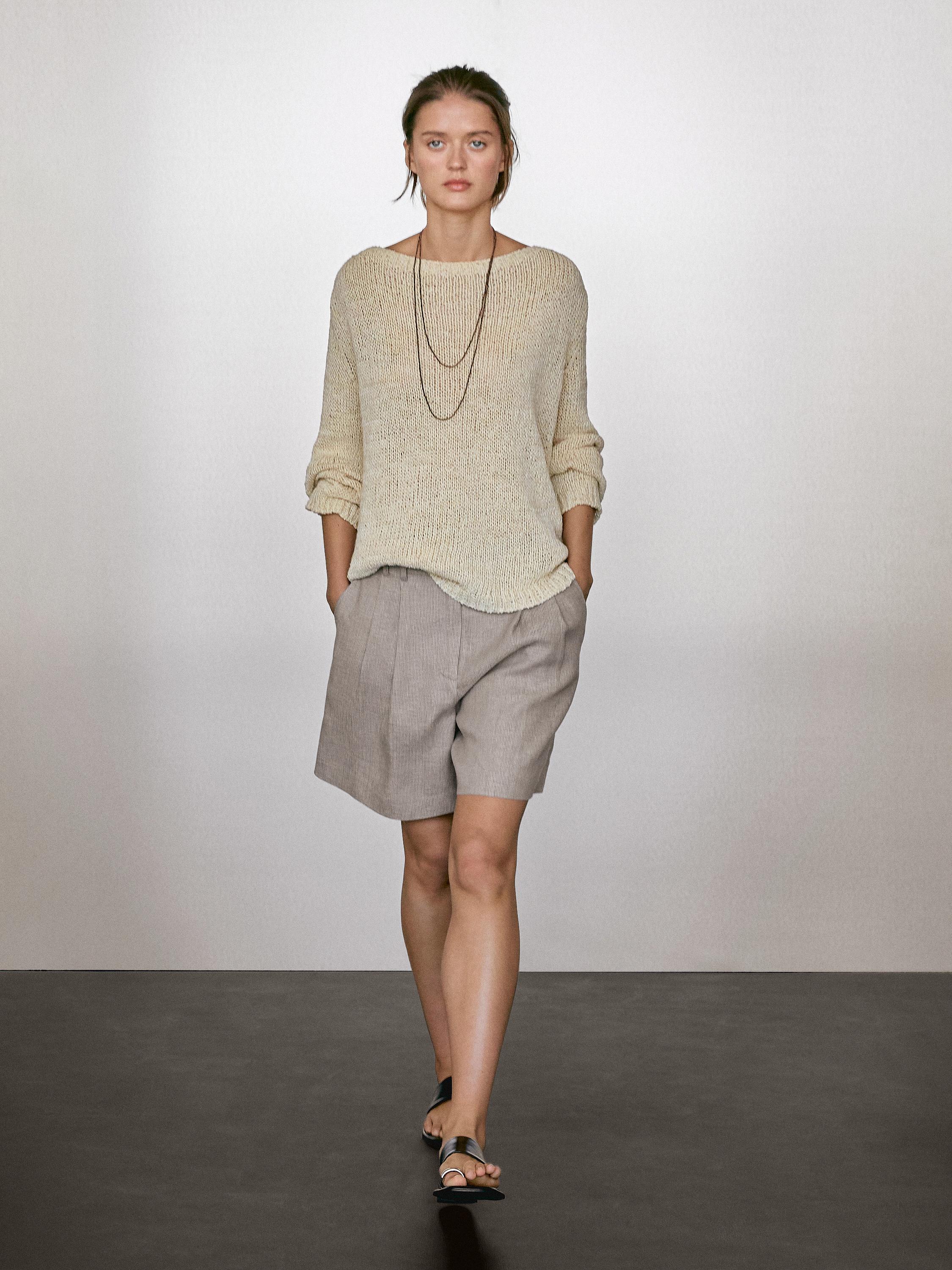 Pinstriped 100% linen Bermuda shorts